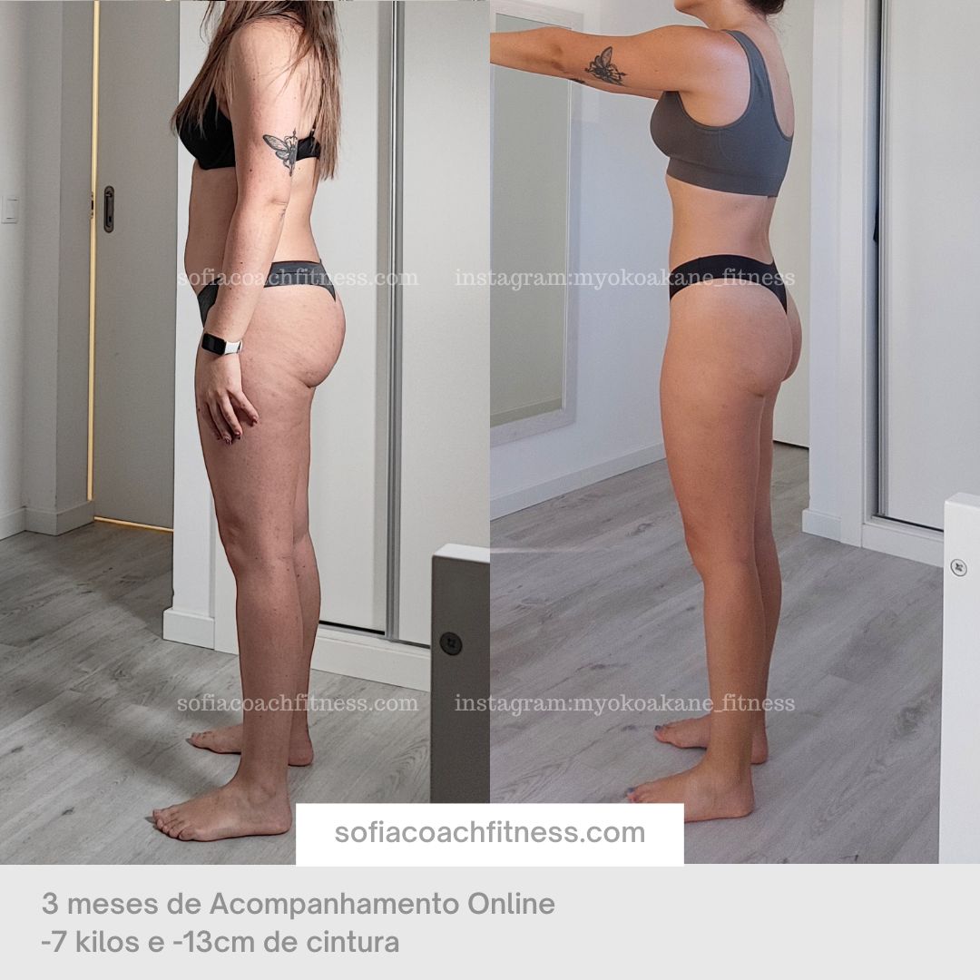 3-month weight loss transformation – before and after – minus 7 kg and minus 13 cm waist – online fitness coaching