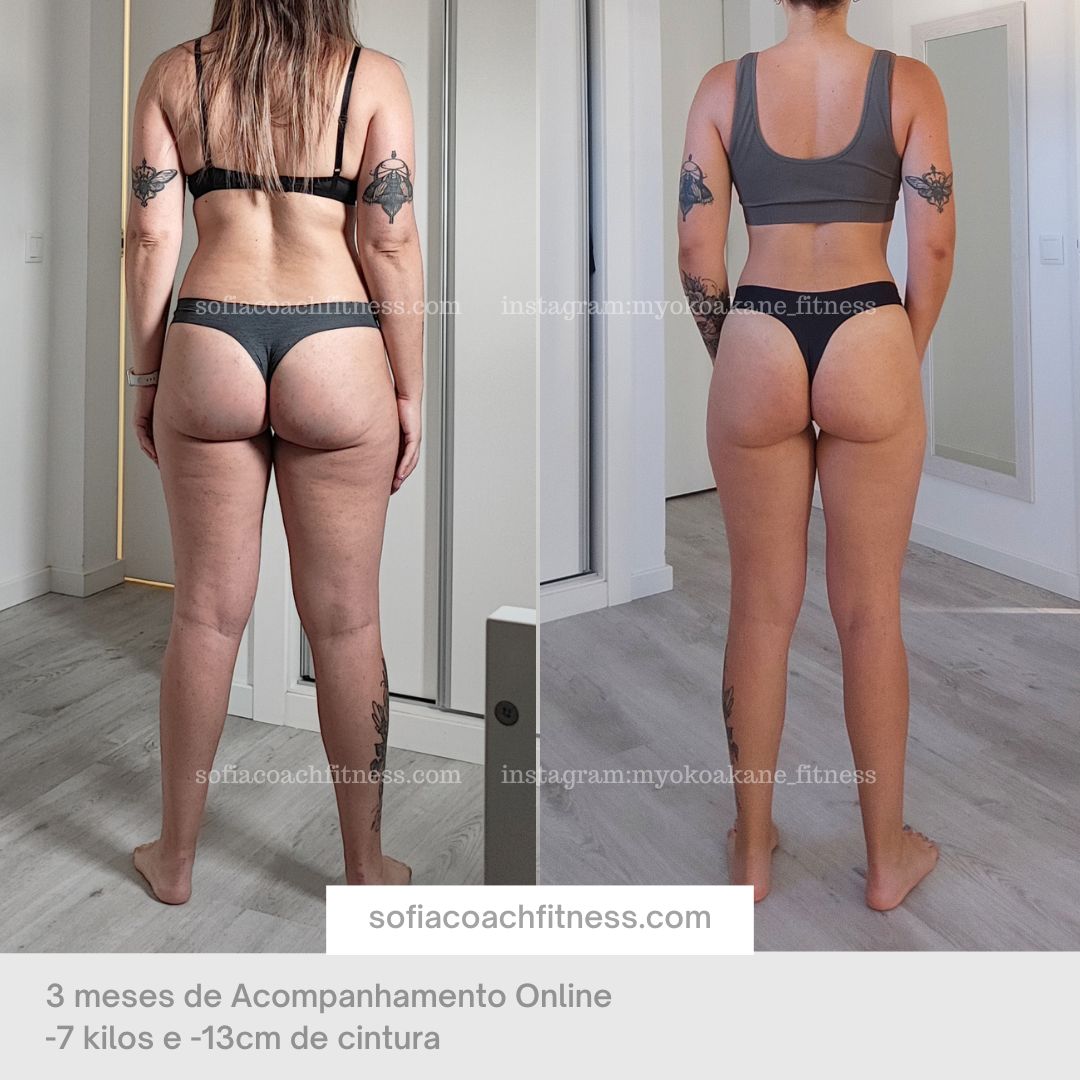 3-month calorie deficit transformation – before and after – minus 7 kg and minus 13 cm waist – online fitness coaching