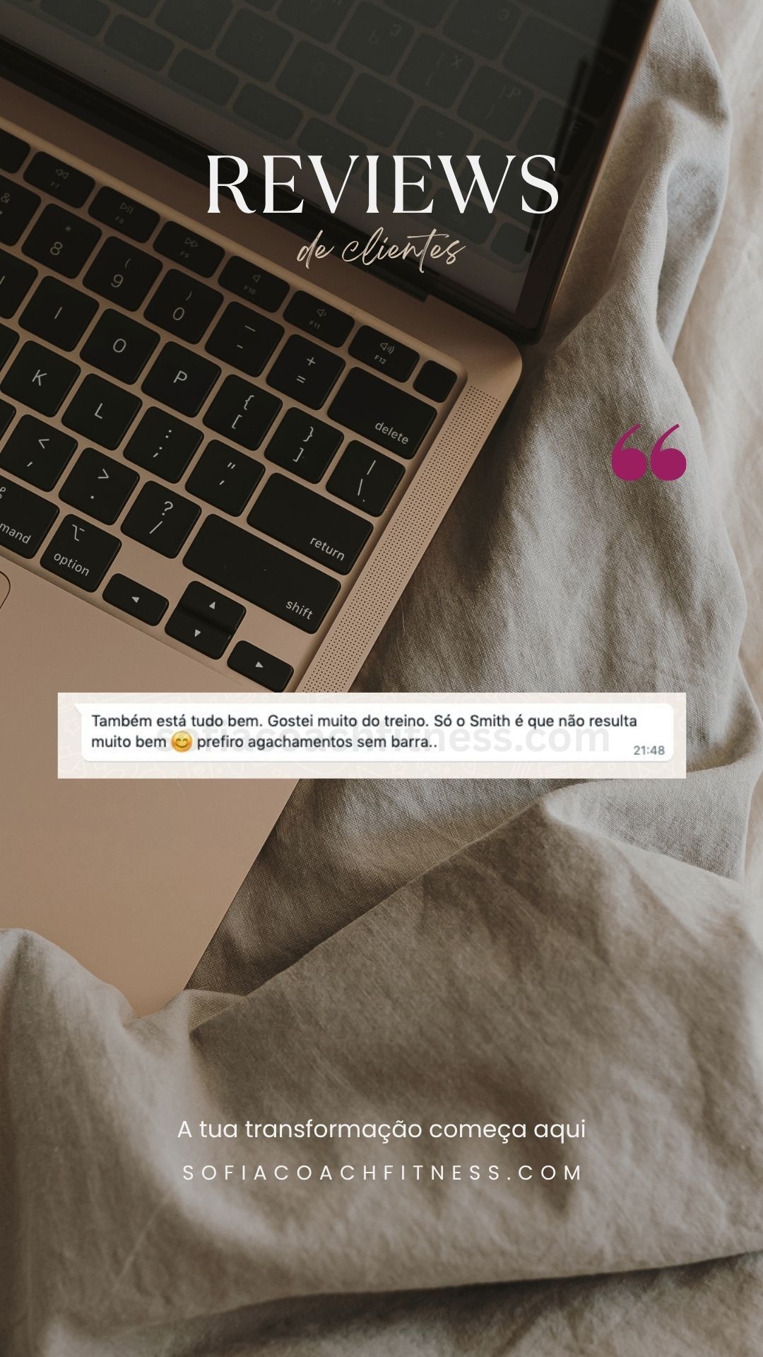 Review de cliente com resultados de treino e alimentação personalizada