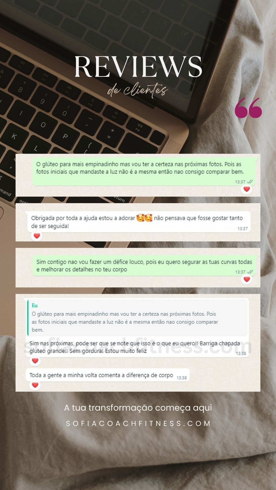 Review de cliente com evolução física e plano de treino personalizado