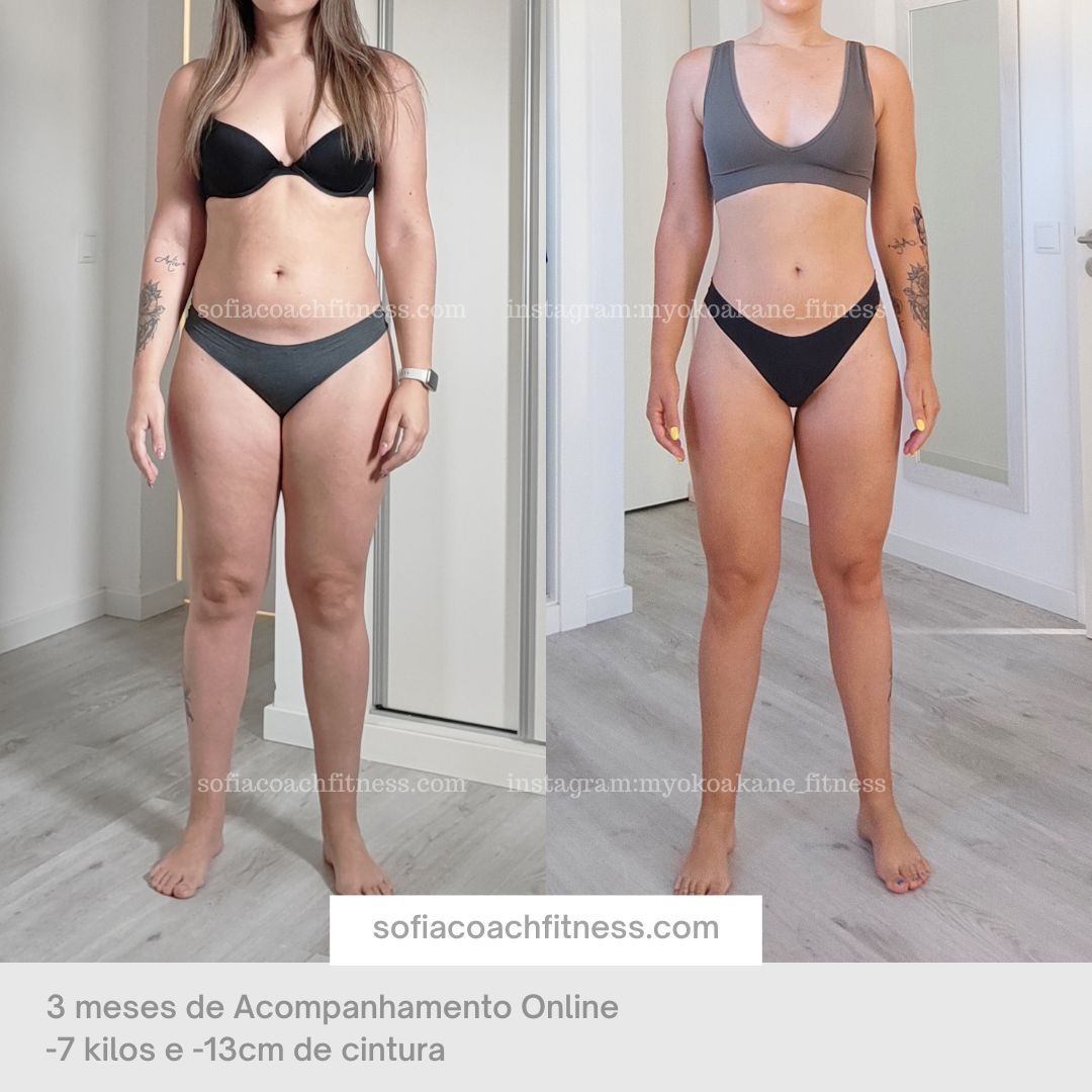 Transformação 3 meses – antes e depois – Menos 7kg e menos 13 cm de cintura – acompanhamento online fitness